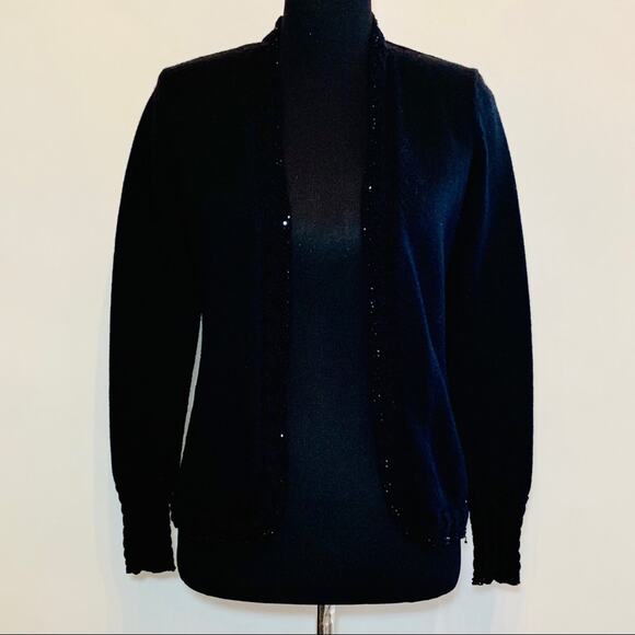 St John Collection black wool blend open front beaded cardigan jacket size 2 - Picture 1 of 14